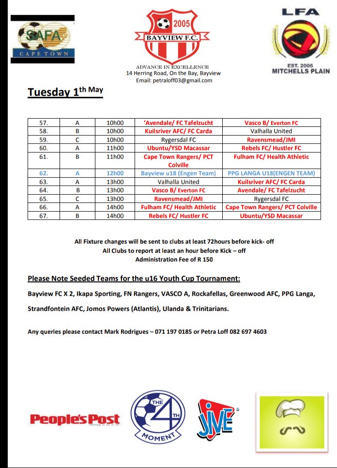 the4thmoment's tweet photo. Bayview U16 Youth Cup playoff fixtures taking place in Langa.
#bayviewfc
#youthcupu16
#everydropcounts https://t.co/NSAtpX22m3