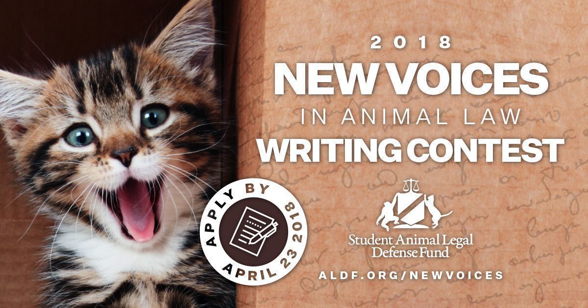 KellyLevenda's tweet photo. #SALDF members: enter the @ALDF 2018 New Voices in Animal Law Writing Contest! 🐅📚✏
Tell us: What victory for #animals in the last few years has made you most optimistic about the future of #animallaw, and why? Submissions are due Mon. April 23: https://t.co/09pIVYHeR9 https://t.co/AuaK9Pt4CA