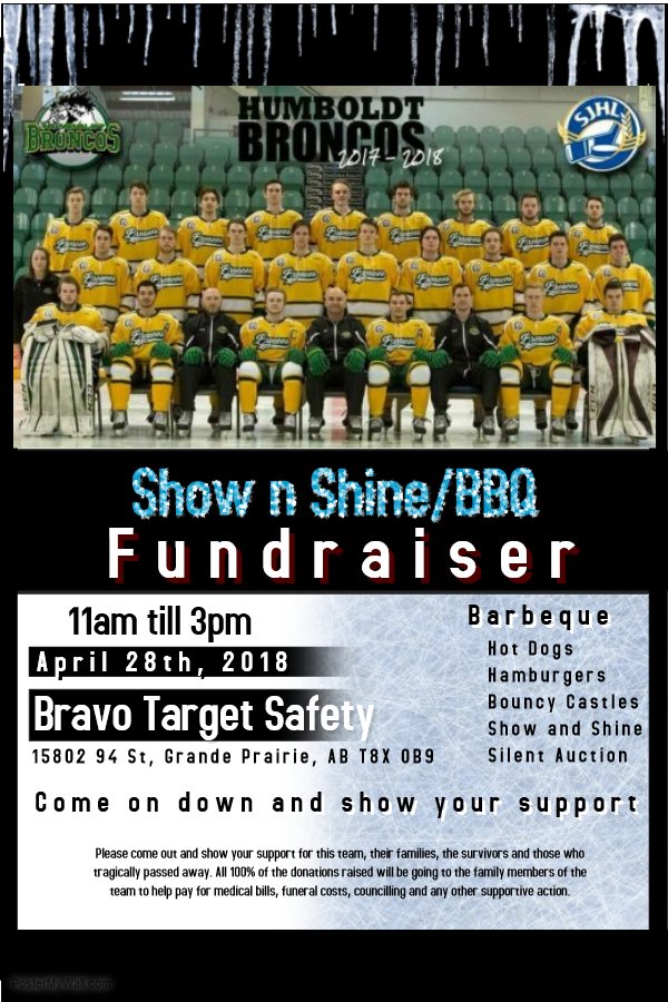 Be sure to come out and show your support.  Our GP Storm boys will be there helping out with this amazing cause.  All funds from this event will go straight to those impacted by the Bronco's tragedy.