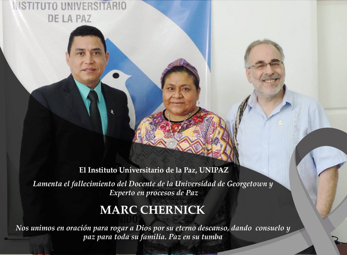 La comunidad Educativa del Instituto Universitario de la Paz - #UNIPAZ🕊️
Lamenta el fallecimiento de <a href="/marc_chernick/">Marc Chernick</a> Profesor Emérito de la Práctica de Resolución de Conflictos y experto en procesos de paz de <a href="/Georgetown/">Georgetown University</a>, Rogamos a Dios por su eterno descanso.