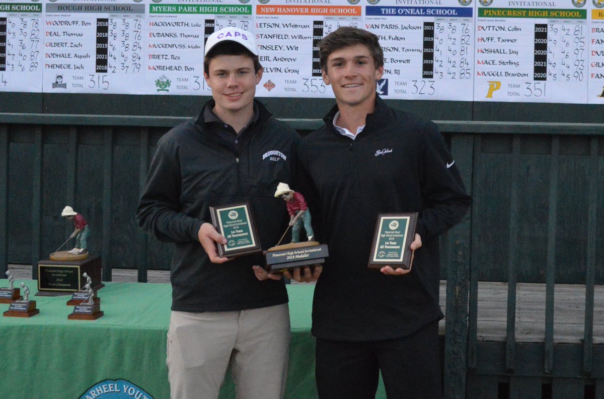 TYGAgolf's tweet photo. Congratulations to @peterfountain13 and @mtchildre on being co-medalists in the @TYGAgolf Pinecrest High School Invitational.  Individual scores - https://t.co/60O8fqi9GG.  @Pinecrest_MCS @PinehurstResort https://t.co/JksH9qXpKn