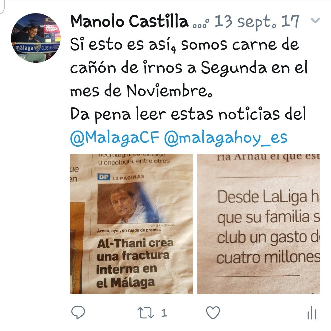 Una lástima haber acertado el pronóstico de la situación del <a href="/MalagaCF/">Málaga CF</a> allá en el mes de Septiembre.
La familia Al-Thani nos ha llevado a la ruina y a estar en esta situación, día triste para toda la familia malaguista.
Volveremos !!!
Adjunto foto del tweet del pasado 13 de sept