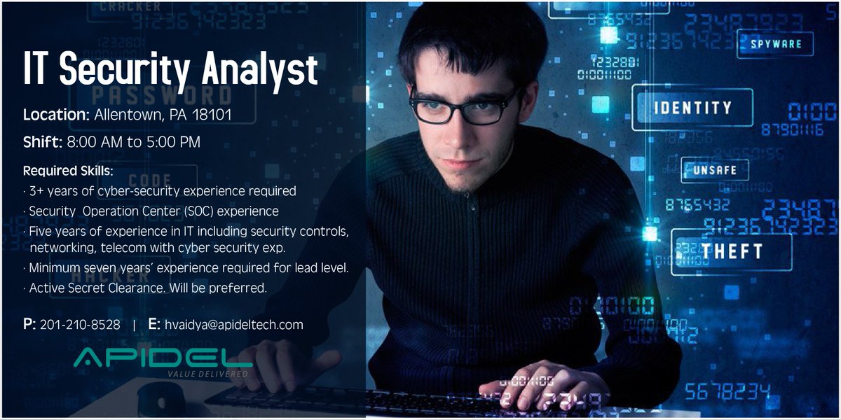 ApidelTech's tweet photo. IT Security Analyst position open for one of our premium clients in Allentown, PA. Candidates can call our recruitment expert on 201-210-8528 or email us at hvaidya@apideltech.com for job details.
#ITSecurity #ITJobs #Allentown #Analyst #Apidel @ApidelTech https://t.co/F0nLNLfCoK