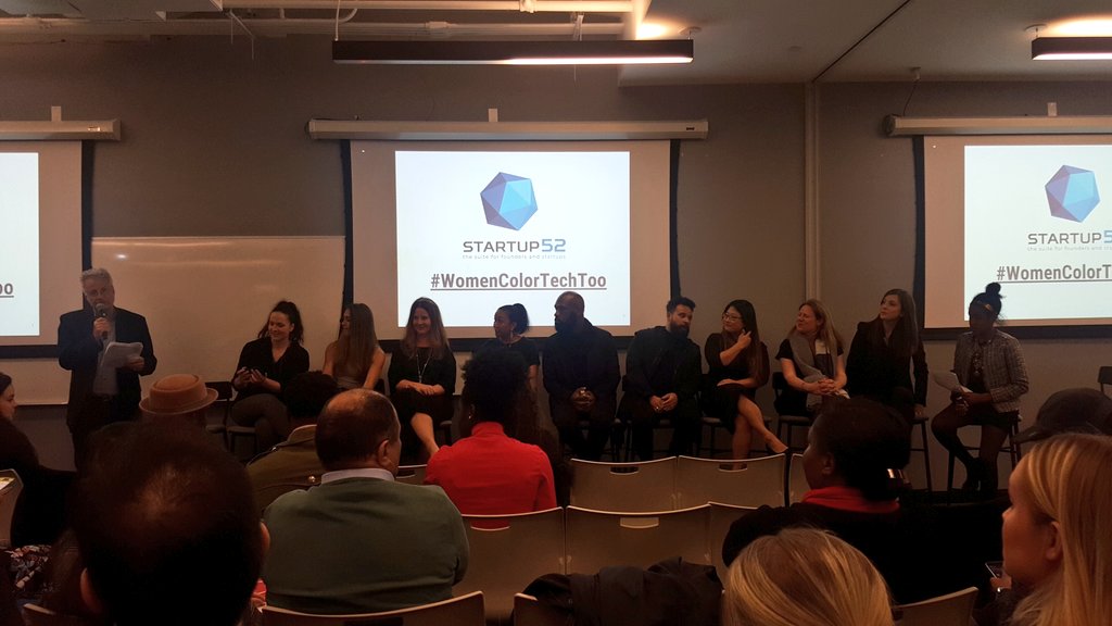 colleenwong's tweet photo. Impressively large panel on women in tech! @StartUP52X @galvanize #WomenColorTechToo #pressforprogress https://t.co/rL9UALspGv