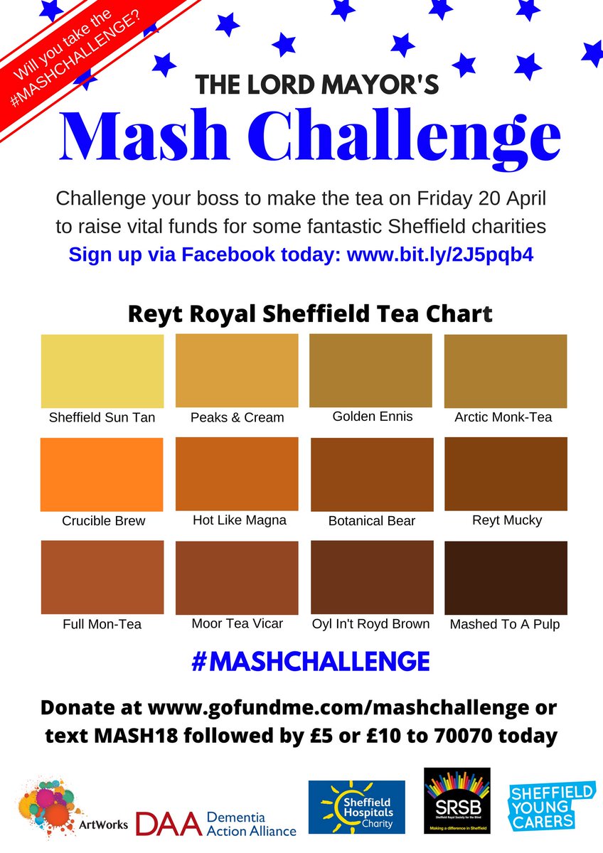 'Mashed to a Pulp'? 'Peaks and Cream'? Or maybe a lovely cup of 'Golden Ennis'? Challenge a friend to make you the perfect brew using our 'Reyt Royal Sheffield Tea Chart'. Find out more at bit.ly/2J5pqb4 or text MASH18 followed by £3, £5 or £10 to 70070 #mashchallenge