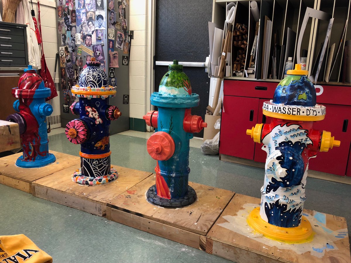 Water week hydrants painted by Kristian Elbert, Hadley Lange, Caroline Davis and Erin Bugee will be on display at Farmers Market week of May 4-10. Hadley’s design won $1,000 scholarship. Congratulations artists!