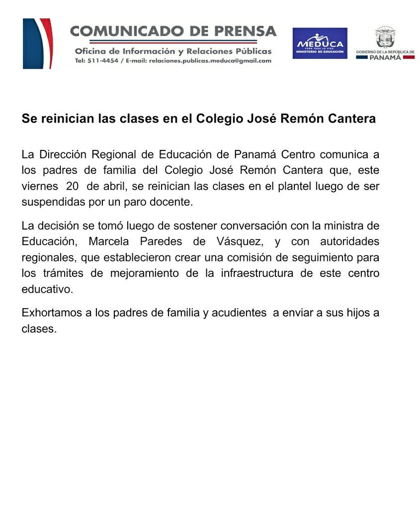 MeducaPma's tweet photo. #MeducaInforma Mañana se reinician las clases en el Colegio José Remón Cantera. https://t.co/nYnFAKmQcW