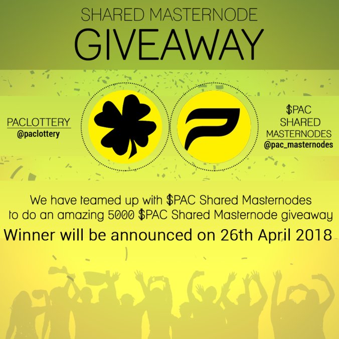 PacLottery's tweet photo. We are teaming up with @PAC_Masternodes!
5000 $PAC Shared masternode giveaway!

To enter the giveaway you need to:
- Follow @PacLottery 
- Follow @PAC_Masternodes
- Retweet this tweet
- Like this tweet

A shared masternode gives you a Passive $PAC income!

#paccoin #giveaway https://t.co/eMiqVk22bh