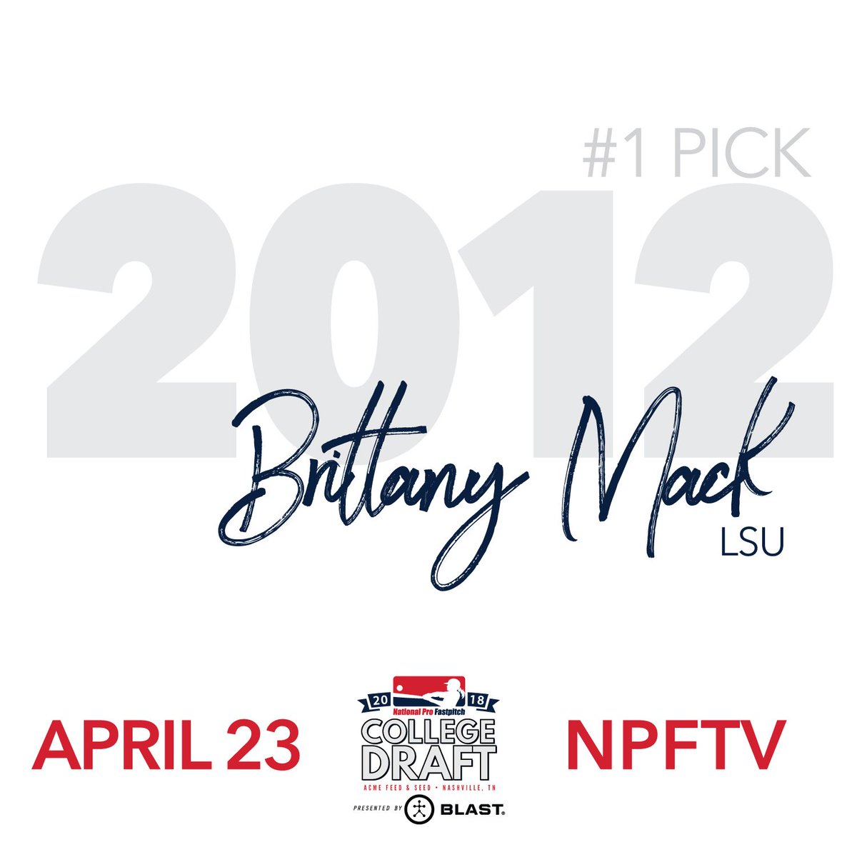 profastpitch's tweet image. The #1 Overall draft Pick in the 2012 NPF Draft was @b_mack44.  The @LSUsoftball standout from Round Rock, Teas was selected by the @USSSAPride Mack played for the Pride, Racers and Charge in her three seasons as a pro.  @LSUsports #npfdraft #numberonepick