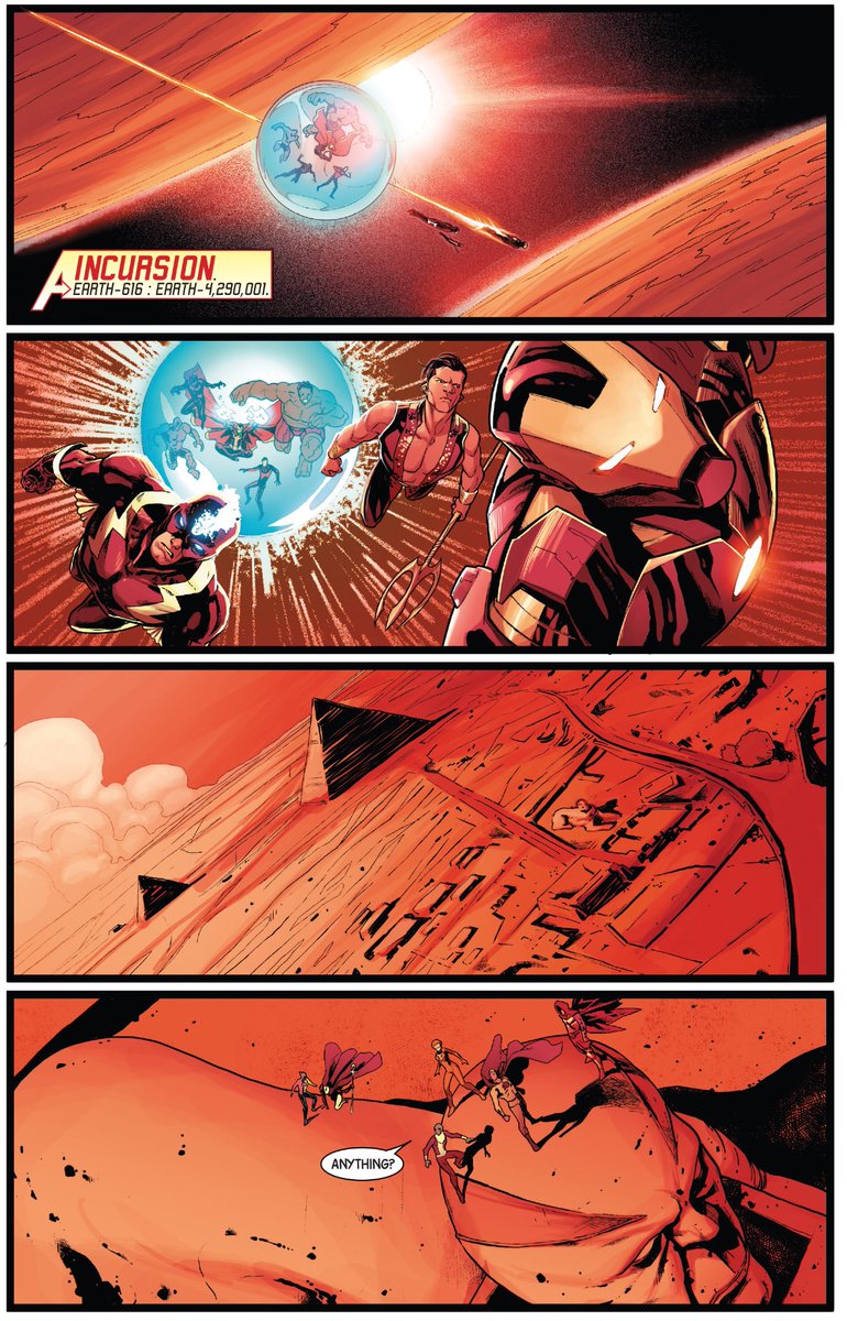 It's simplistic to argue that the DC "pantheon" is comprised of gods & archetypes while the Marvel stable is populated by kings & scientists. But there's some truth in it.Hickman throws these two models in opposition, in the ultimate "red skies" crossover.(New Avengers #19.)