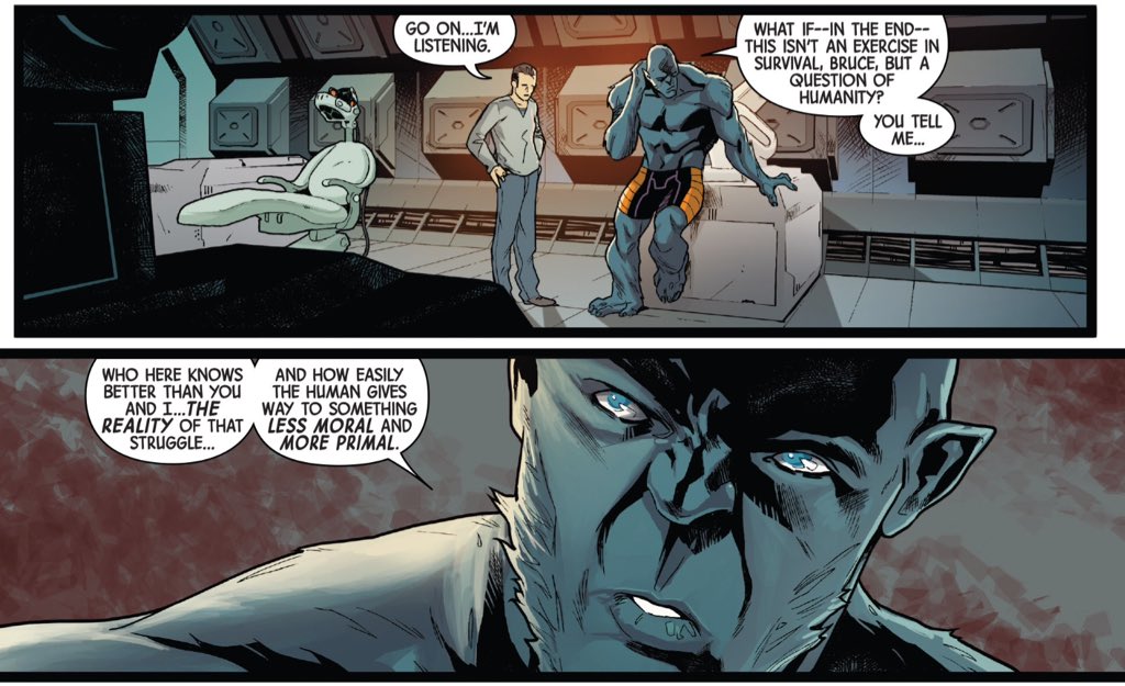 To be fair to Hickman, he is careful to populate his epic with small character-centric moments for even marginal players who are in use in other sections of the shared Marvel Universe.Here, a small moment with Hank McCoy and Bruce Banner.(New Avengers #19.)