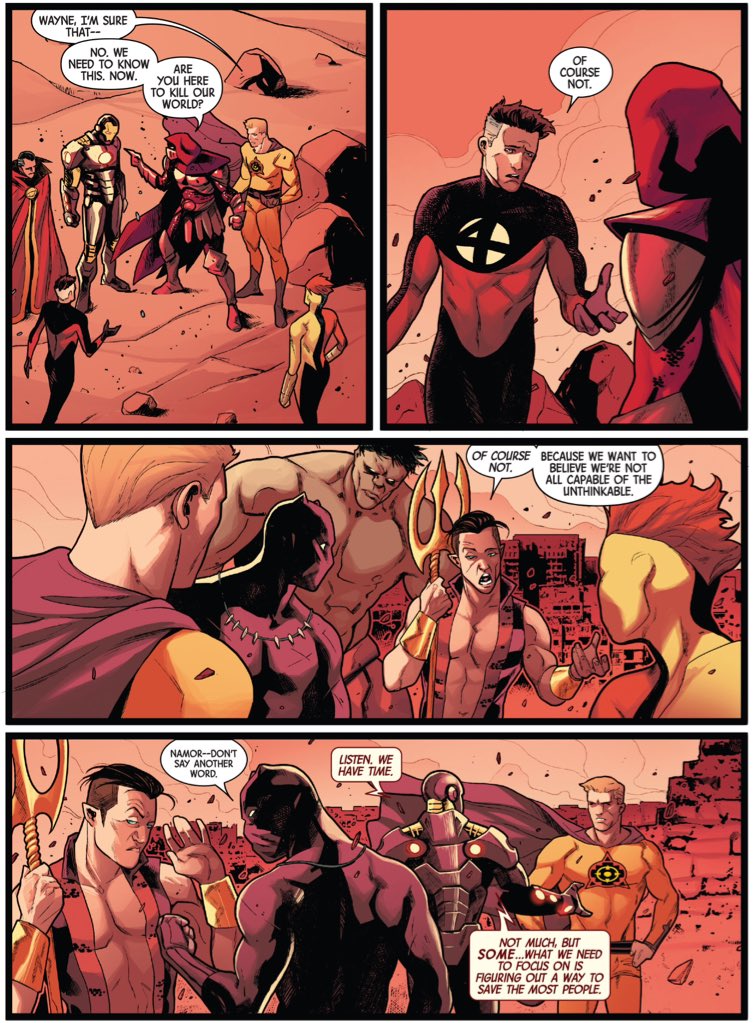 The central characters of Hickman's run are those without ongoing titles being penned by other writers.So, Strange, N amor, T'Challa.Those are the three characters with the clearest and most contained arcs under Hickman's pen.(New Avengers #19.)