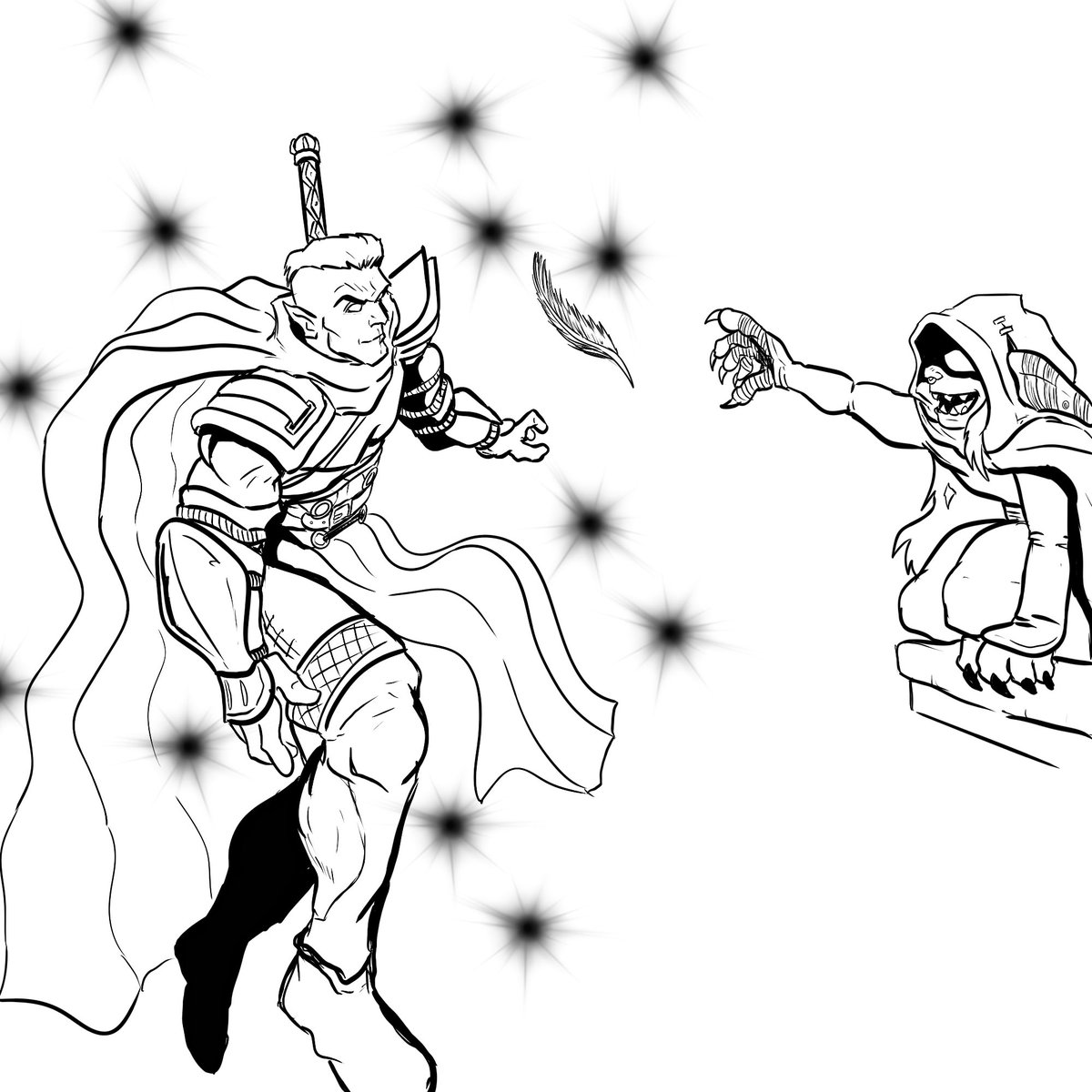 DeMarcoDraws's tweet photo. As #Fjord @WillingBlam begins to fall to what would be his death the ever observant #Nott @samriegel throws a feather in his direction casting #featherfall #criticalroleart #critters @JoinTeamAlpha @GeekandSundry #criticalrole https://t.co/NdXP4eDomY