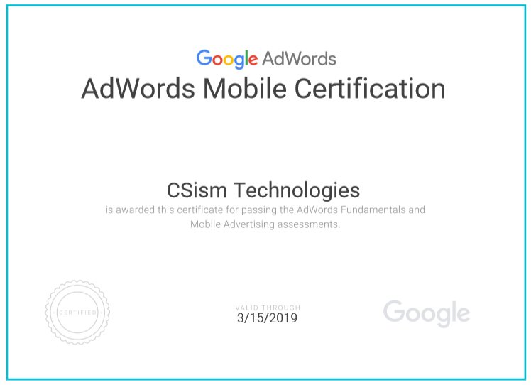 CSism_Technolog's tweet photo. Another Achievement for #CSismTechnologies #AdwordsMobileCertification #GoogleCertification #GooglePartner https://t.co/pnbk4YpmbA