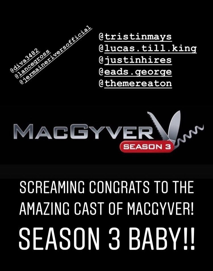 thesherylralph's tweet photo. #theColtons And @JaviciaLeslie send Congratulations to @MacGyverCBS 3rd season pickup!! @PLenkov https://t.co/n7k4HoOBFQ