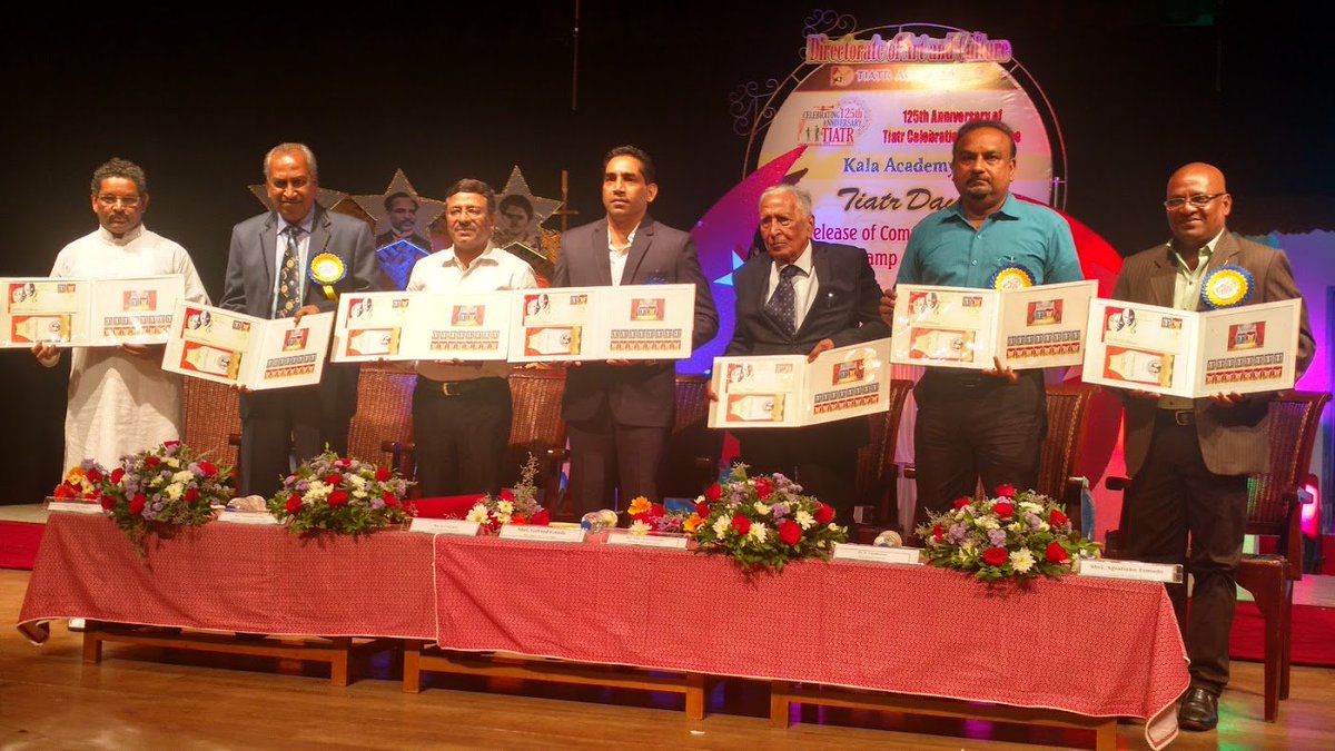 philastamps's tweet photo. A set of two Commemorative Postage Stamps with a special Cover dedicated to Goan Tiatr was released by the Department of Posts at Kala Academy Panji, on Tuesday, on the occasion of the 126th Anniversary of the Tiatr. https://t.co/mZ0US0b2zw