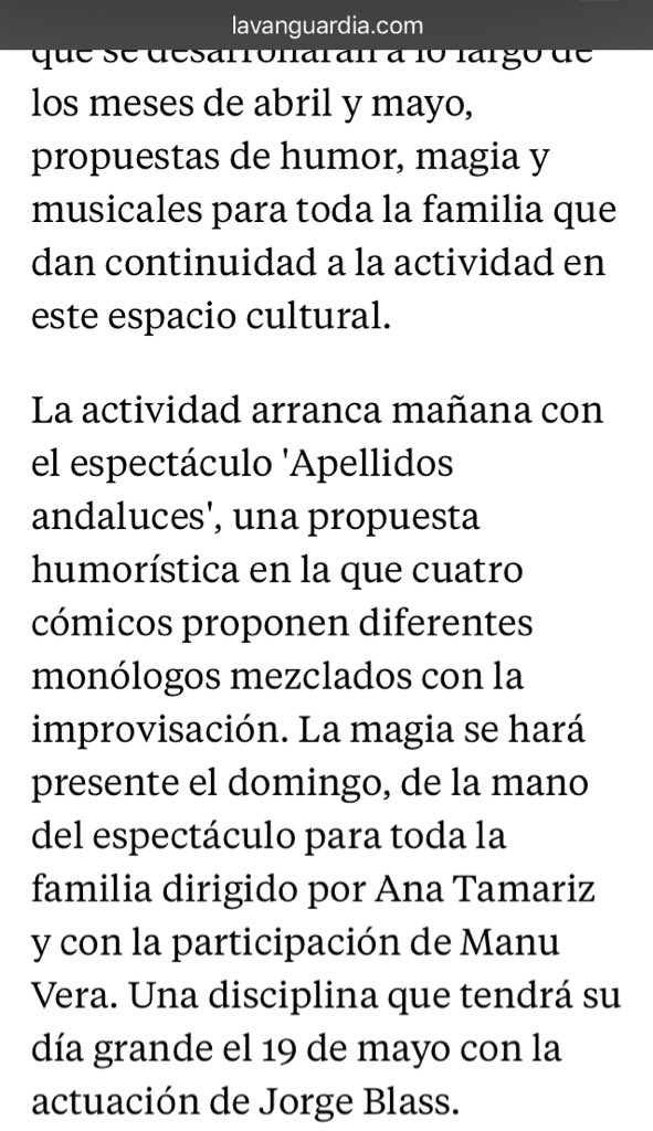 Noticias en el periódico <a href="/LaVanguardia/">La Vanguardia</a> 📰

Teatro <a href="/ramoscarrionza/">Teatro Ramos Carrión (Zamora)</a> <a href="/jorgeblass/">Jorge Blass</a> <a href="/PrestigioManuV/">Manu Vera</a> 🎩

#gracias <a href="/clubsmedia/">Club Smedia Teatro</a>