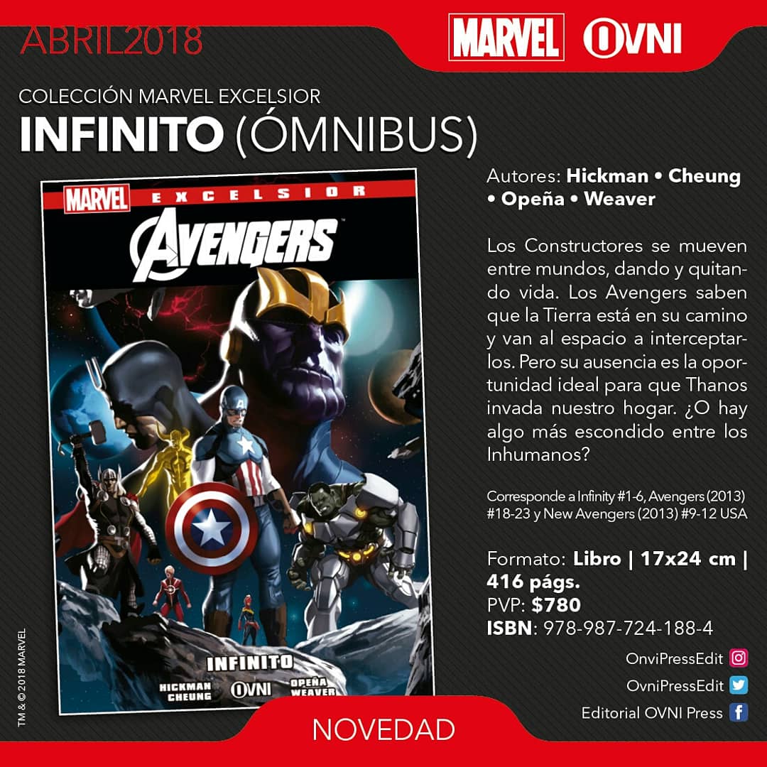 Ovnipressedit's tweet photo. ¡Llegaron las novedades! Tenemos un nuevo tomo de #SoulEater, #UncannyAvengers, #ODIP (del universo #Hellboy) y la reedición de #Infinito, dentro de la colección #Excelsior. A partir del viernes en comiquerías. ¡Buena lectura para todos! https://t.co/a0XibkgI9j
