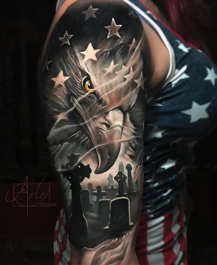 🇺🇸 #inkoftheday by Arlo DiCristina 
#blackandgrey #blackandgreytattoo #blackandgreysleeve #America #starsandstripes #eagle #eagletattoo  #graveyardtattoo #tattoo #tattoos #tattoodotcom