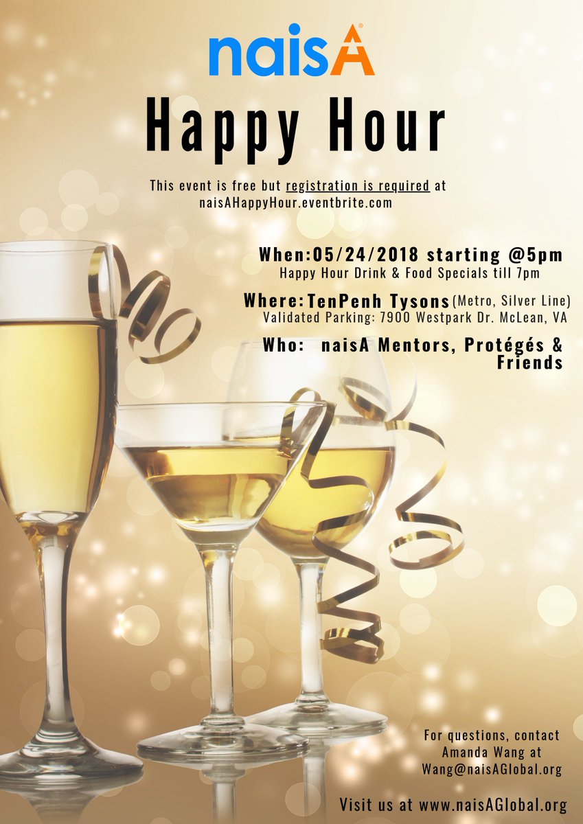 naisA_Global's tweet photo. Calling for #naisALeaders, mentors, protégés &amp; friends! Come join May 24 #naisAHappyHour @5pm @TenPenh Tysons for lots fun! #HappyHour drink &amp; food specials end @7pm. Free but registration required at https://t.co/KCLe8YVrtu
#APAHM #AAPI #DCIMPACT #DCNetwork https://t.co/pxZL1MTW1y