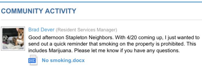 wendymjbrown's tweet photo. Just your classic, friendly Denver apartment reminder. #420 https://t.co/w13Zn96jOS