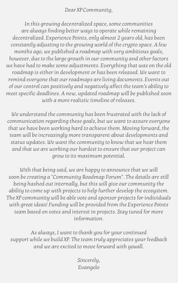TheBigXP's tweet photo. As a team, we hear you $XP Community and we will continue to increase transparency and communication! We are very excited for #2018.

#crypto #xpcoin #cryptogames https://t.co/6xR6XN8Ngh