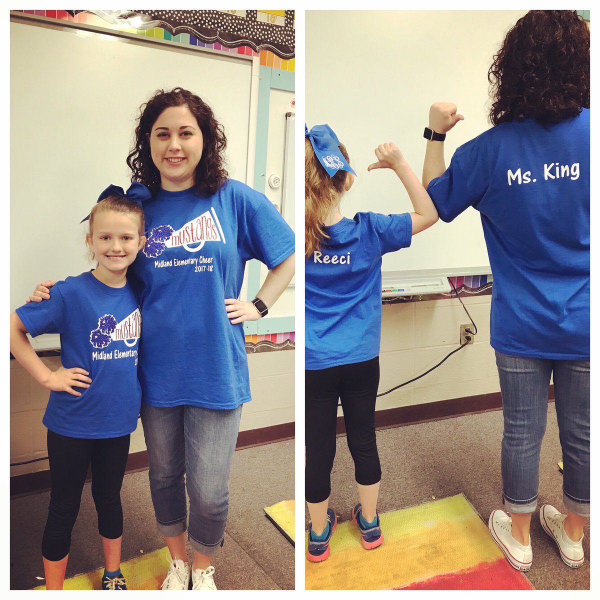 KUWMsKing's tweet photo. Reeci sold the most during our fundraiser, so I got us matching shirts! She loved being my “twin!” 😂 #peeweecheer #iteachcheer https://t.co/VqVHpWTiwN