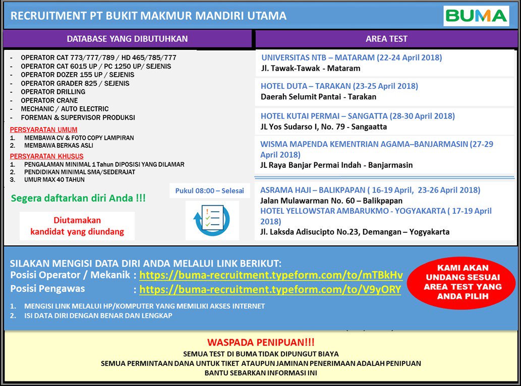 BUMAofficial's tweet photo. Informasi Recruitment BUMA

Untuk Posisi Sebagai Staff, silahkan mengisi data di Link ini 
https://t.co/kr6SQcePFH

Untuk posisi sebagai Operator/ mekanik silahkan mengisi data di link ini
https://t.co/kLPKZxIh7v

WASPADA PENIPUAN! RECRUITMENT BUMA TIDAK DIPUNGUT BIAYA APAPUN! https://t.co/zoTelJDYCE