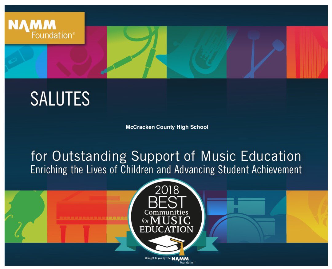 McCrackenBands's tweet photo. Excited to announce that McCracken County High School was awarded the National School Merit Award from NAMM!  We were one of only 135 schools in the nation to receive this honor!!! https://t.co/x6R8NfU7ez