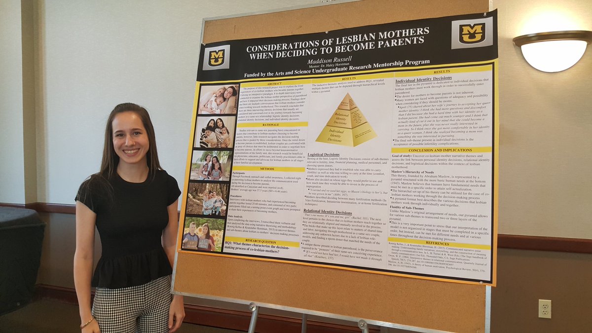 Steve_Klien's tweet photo. For lesbian couples, the decision to have a child is complicated. Student researcher Maddison Russell @MaddyRussell_MU completed a year-long study on this decision w @ProfHaleyH, and took top honors at the @MizzouComm Undergrad Research Celebration! #CommWeek18 #WhatsYourStory https://t.co/zrJqlX3XR6