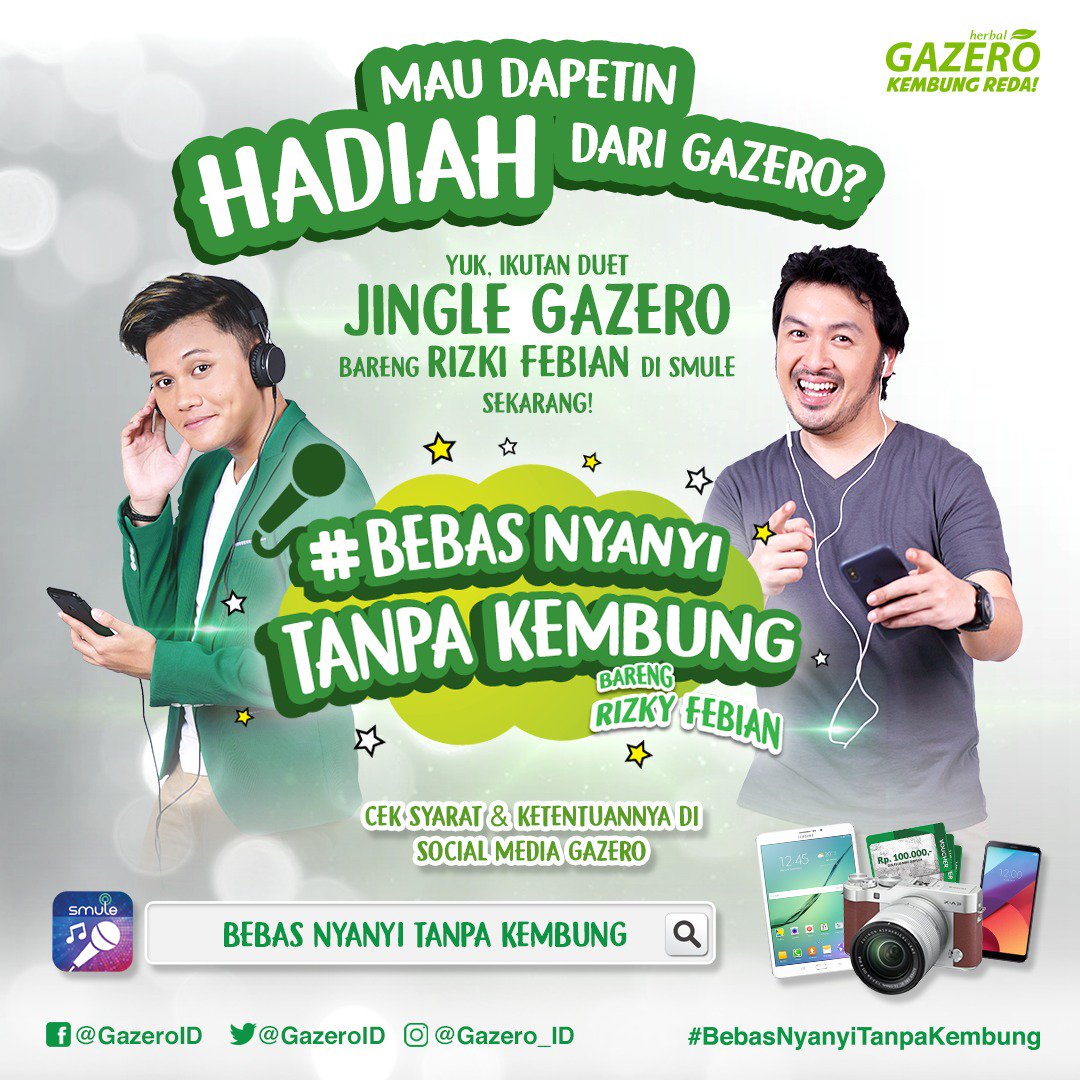 MegaswaraFM's tweet photo. Mau dapetin hadiah kamera, tab, sampe voucher belanja ratusan ribu,
Guys? Yuk, ikutan nyanyi jingle @Gazero_id di SMULE bareng
@rizky_febian sekarang juga! info lebih lanjut klik
https://t.co/Rtnn45C3v0 …
.
#MegaswaraFM #LaguEnakTerbaik https://t.co/VgkiVRNCYO