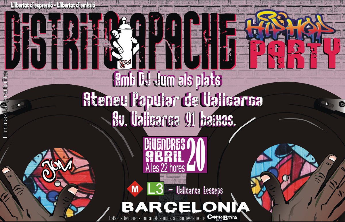Colablanca1's tweet photo. Hoy fiesta de #DistritoApache en el @APVallcarca a partir de las 22:00 h Apoya las #RadiosLliures @contrabanda @sinaudiencia https://t.co/PquMVicNJB