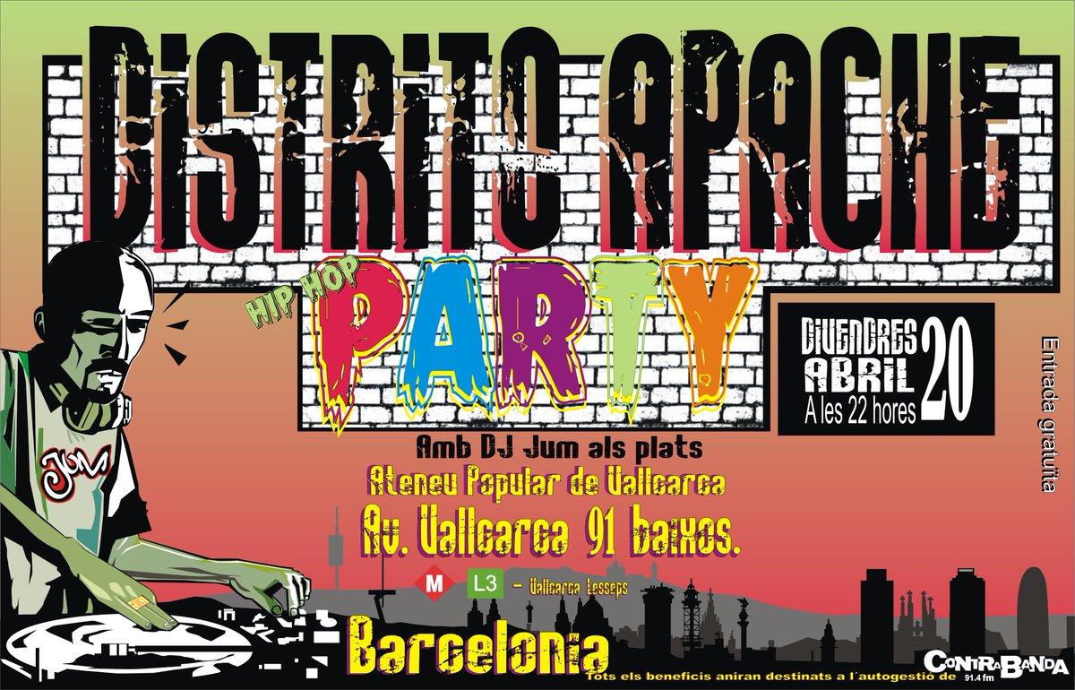 Colablanca1's tweet photo. Hoy fiesta de #DistritoApache en el @APVallcarca a partir de las 22:00 h Apoya las #RadiosLliures @contrabanda @sinaudiencia https://t.co/PquMVicNJB