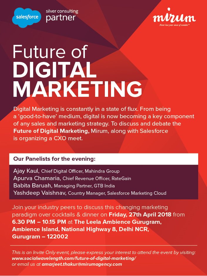 Happy to announce one more event in our series on the Future of Digital Marketing, in collaboration with Salesforce. This time, in Delhi. With an awesome array of panelists.

This is an invite-only event, so if you are interested, please register at goo.gl/tDDZHM.