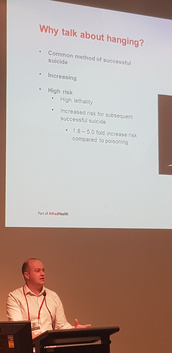 EmergEdu's tweet photo. Hanging is sadly the most used method of suicide in Australia. Dr Jeremy Stevens taking about "Near hanging resulting in resuscitation" #ResusUpdate @AlfredHealth https://t.co/jVXIlFEbKO
