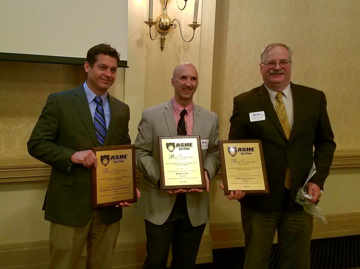 SafaraMktg's tweet photo. ASHE East Penn 2017 Project of the Year Award Winning project (<$20M): Accelerated Bridge Construction NB-355 Bridge project.  Congratulations Pennsylvania Turnpike Commission,  HDR, and Road-Con. @HDR @HDRTRANSPO #HDR #PATURNPIKE #ASHEEASTPENN https://t.co/oKoa9SjC6U