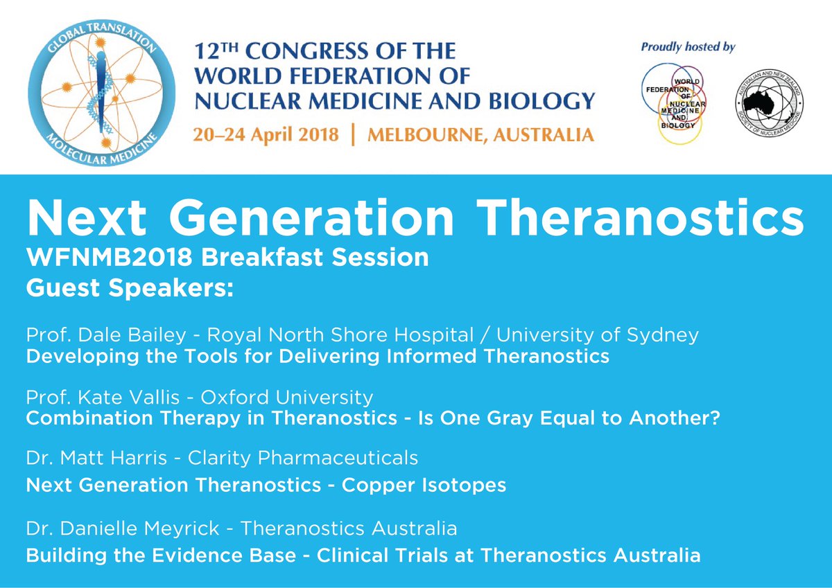 TheranosticsAU's tweet photo. Theranostics Australia will be hosting a breakfast session tomorrow at the #WFNMB2018 Conference - “Next Generation Theranostics”. We are thrilled to have Prof Dale Bailey, Prof Kate Vallis, Dr Matt Harris and Dr Danielle Meyrick speaking about the future of theranostics. https://t.co/sv2CM6ocRT
