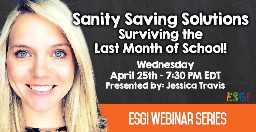 esgisoftware's tweet photo. Feeling stressed?!! Join Jessica as she shares her Sanity Saving Solutions to help you make the last month of school FUN, positive &amp; successful! #iteachtoo #educhat #webinar #ESGISoftware
https://t.co/mTRFGl0kaf https://t.co/DQclXZ4DGF