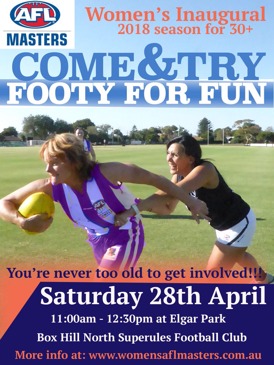 Women’s Over 30’s Footy has arrived! Get on board by sharing this tweet! #Footy #WomensFooty #WomenInSport #MastersFooty