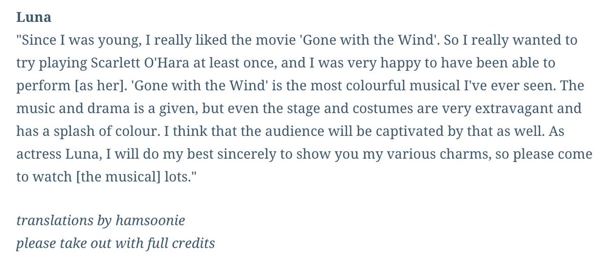 hamsoonie's tweet photo. [trans] 180420 Luna's Interview for Gone with the Wind
#바람과함께사라지다 #루나 
🔗 https://t.co/0sVT9HuQ5I
#루나_그런밤_0424 https://t.co/5cj4XE9Rez