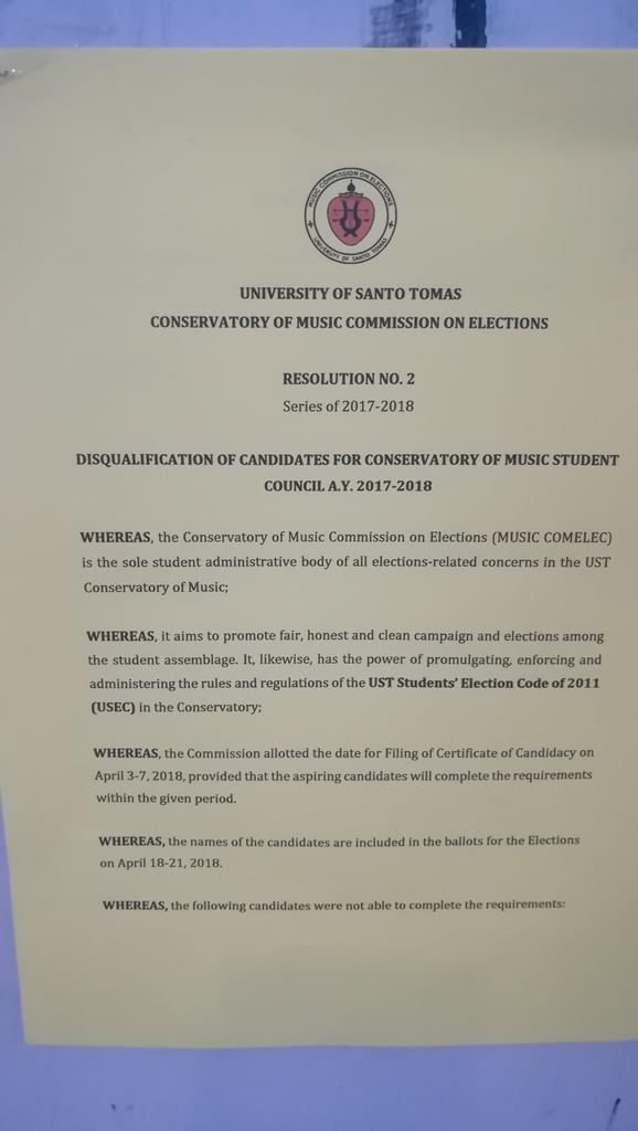 ustcm_comelec's tweet photo. RESOLUTION NO. 2 
Series of 2017-2018

DISQUALIFICATION OF CANDIDATES FOR CONSERVATORY OF MUSIC STUDENT COUNCIL A.Y. 2017-2018 https://t.co/vcux5wFqsp