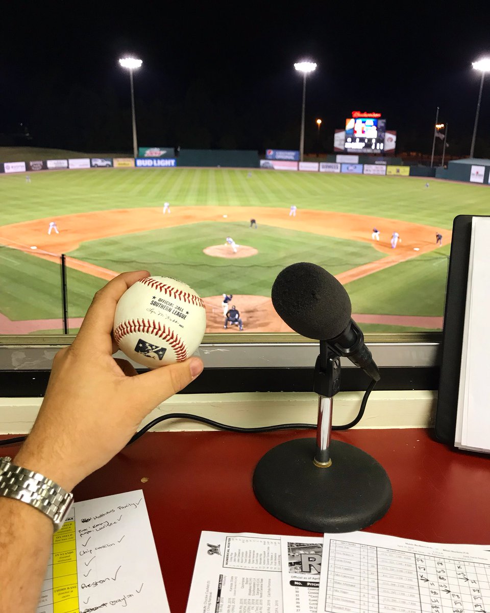 David_Haney11's tweet photo. Well, it finally happened. A solid hit foul ball launched through my window in the booth tonight during the game. 

The Voice of Hank Aaron Stadium was not injured during this moment. However, the wall did not get away so lucky. 

#TooFastToCatch #UniqueSouvenir ⚾️ https://t.co/PSYzZLObd8