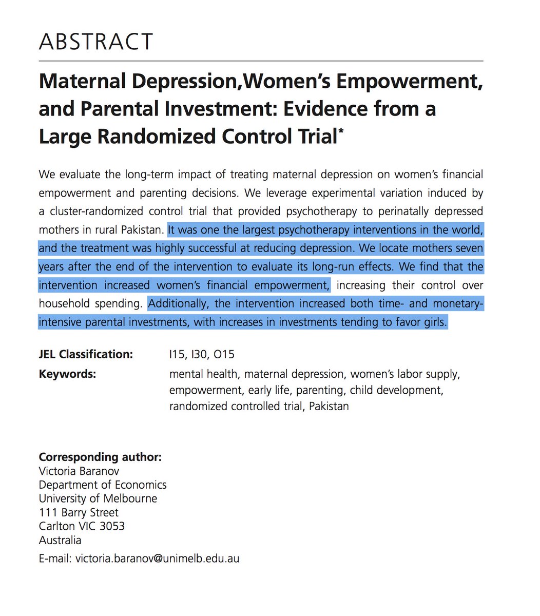 JohnHolbein1's tweet photo. TFW you find a paper you've already tweeted, but it's just so amazing that you have to tweet about it again.

RCT shows that treating depressed mothers leads to persistent (7+ yr) ⬆️s in financial empowerment &amp; investments in kids (daughters especially). 

#SocSciResearch https://t.co/ieenhzjJBl
