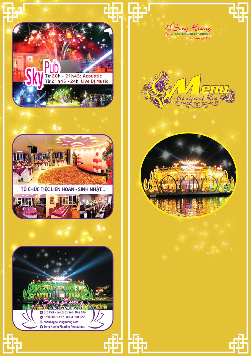 SongHuong2020's tweet photo. HÂN HẠNH PHỤC VỤ QUÝ KHÁCH 
Song Huong Floating Restaurant 
Add: 3/2 Park - Le Loi Street - Hue City - VietNam
Tell: 0234.3831.197 - 0934.898.922
Email: info@nhahangnoisonghuong.com
Website: https://t.co/DE7Ftr8LS0
Facebook: Song Huong Floating Restaurant https://t.co/LsAdpuHf3h