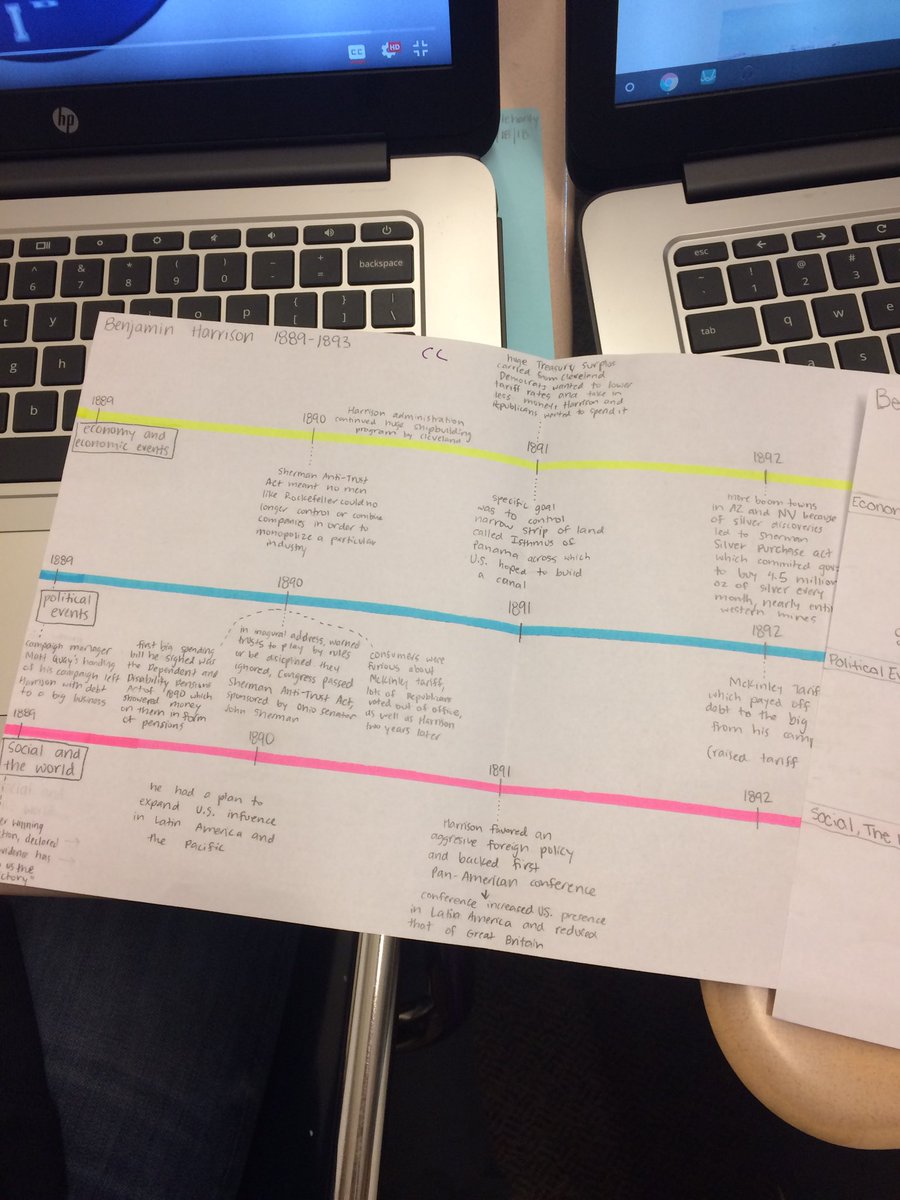AlbaughB's tweet photo. Hist 8 used parallel timelines to record facts about 19th century presidents. Social, economic, and political events are evidence for unit questions: who performed their job the most effectively? What qualities do we want in our leaders? Important! #History8 #WCIsocialstudies https://t.co/zKgELE1tH4