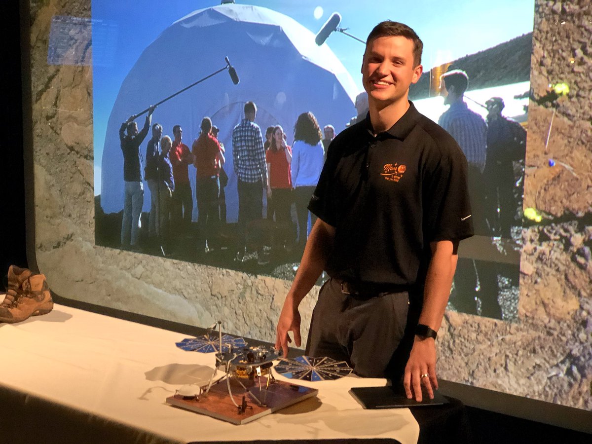 SpaceWilS's tweet photo. .@NASAInSight systems engineer @brycestrauss talking @DenverMuseumNS’s guests about the mission #Mars #NASA #space #LockheedMartin #WeareLM #sciencelounge #Denver https://t.co/phdWt740k8