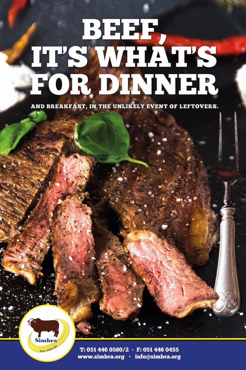 SimbraZA's tweet photo. BEEF, IT'S WHAT'S FOR DINNER (and breakfast, in the unlikely event of leftovers). You can find us in the Cattle Complex at @Nampo_Oesdag 2018! #Simbra #BeefUpYourFarm #TheLandOfSimbra #CompleteAllrounder #Nampo2018 https://t.co/Ip6QubnxD9