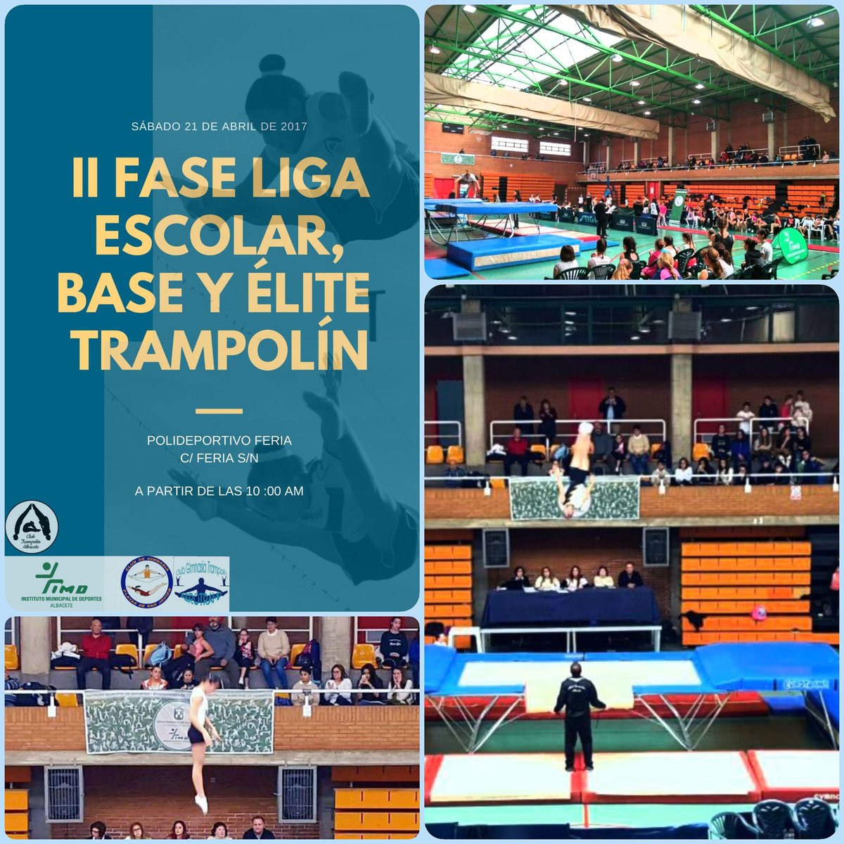 Mañana sábado, las 10:00, en el #PabellónFeria, #Trampolín. #DobleMinitramp y #Minitramp.
Más de 180 gimnastas, de 5 clube: <a href="/trampolin_ab/">Club Trampolín AB</a>  , Club Playas de San Javier (Murcia), Club Huervatramp (Zaragoza), Aerotramp de Aguas Nuevas  y C.P. Ana soto
¡Os esperamos!