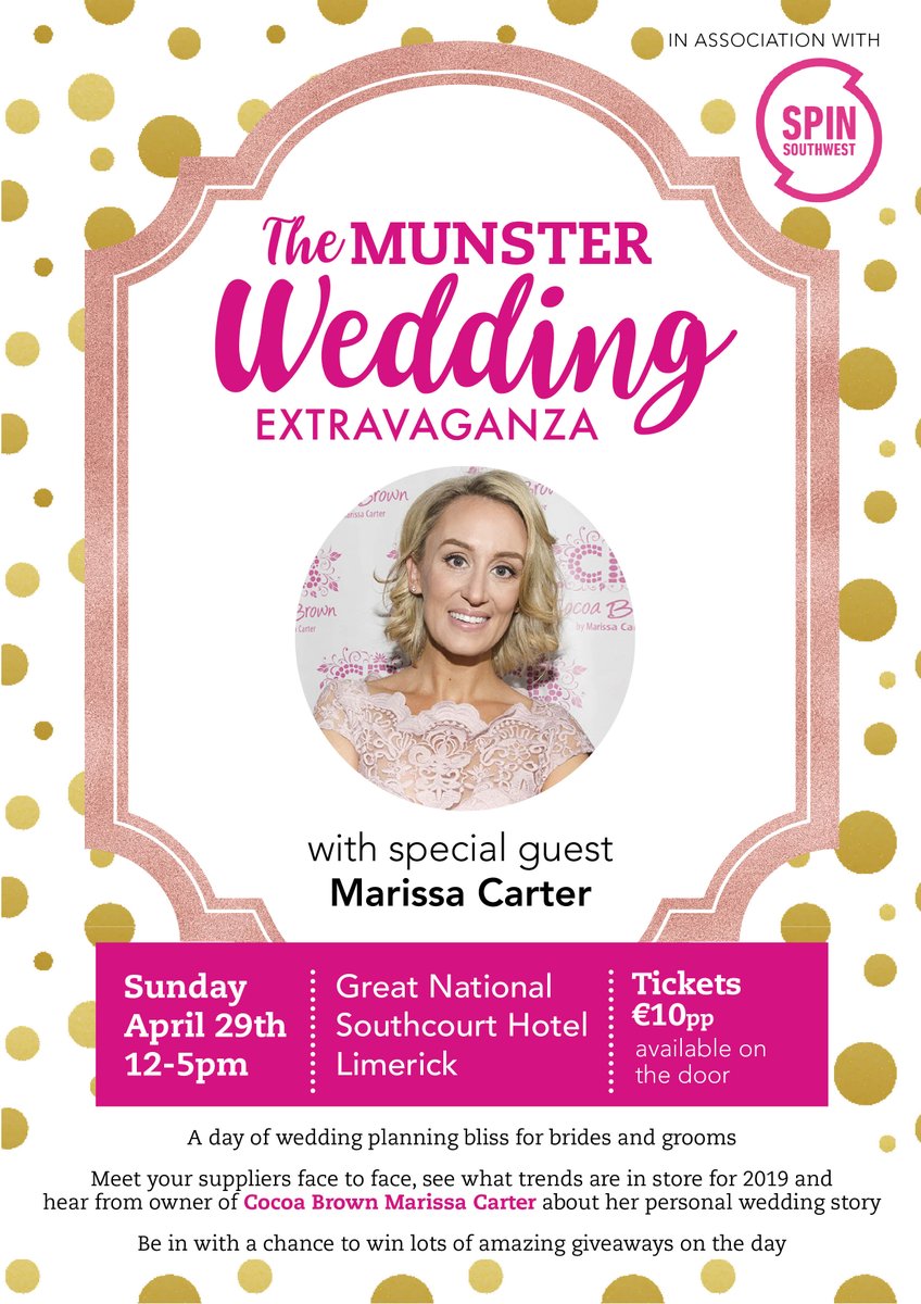GET YOUR TICKETS TODAY - OUR 2nd Wedding Fair! 
1 week to go girls and guys.
Book your tickets now
drewmedia.ie
Meet the stunning Marissa Cater, meet 80 wedding vendors, win prizes and a fantastic fashion slot!
Sunday, April 29th- Southcourt - 12-6pm