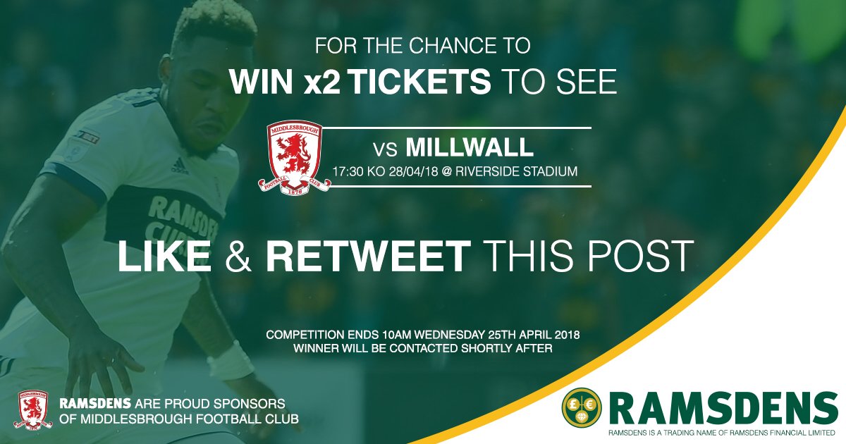 WIN | For the chance to win x2 tickets to see <a href="/Boro/">Middlesbrough FC</a> vs Millwall on Saturday 28th April. Simply LIKE &amp; RETWEET THIS POST to enter. Ends 10am 25/04.